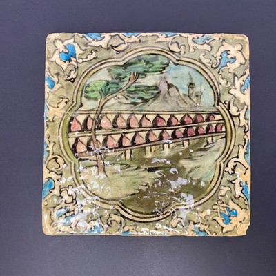 Antique Middle East Persian Qajar Style Hand Painted Scenic Landscape Tile 7.75 