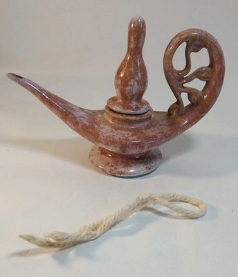 Genie Oil Lamp Glazed Clay Studio Art Pottery vtg makers mark marbleized flaw