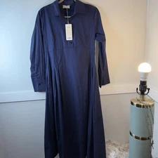 NWT Sophia Italy Alayna Midi OS Navy Pockets LS Pleated Front Cotton