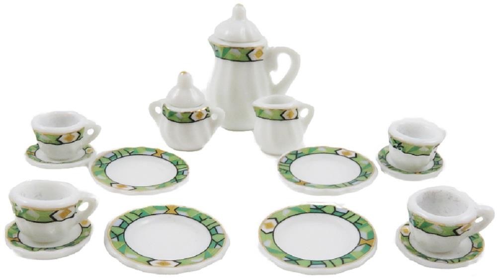 Dolls House Green Mosaic Dinner Tea Set Porcelain Miniature Dining Accessory