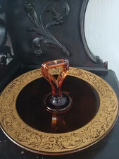 Vintage Cambridge Amber Glass Tidbit Tray – Gold Encrusted Band – 1930s Art Deco