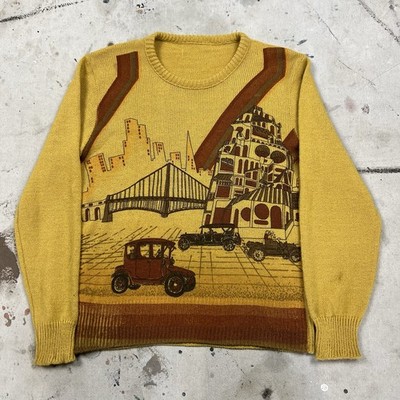 Vintage 60s 70s Sears Wool Knit Art Deco Printed Crewneck Sweater Mens Small