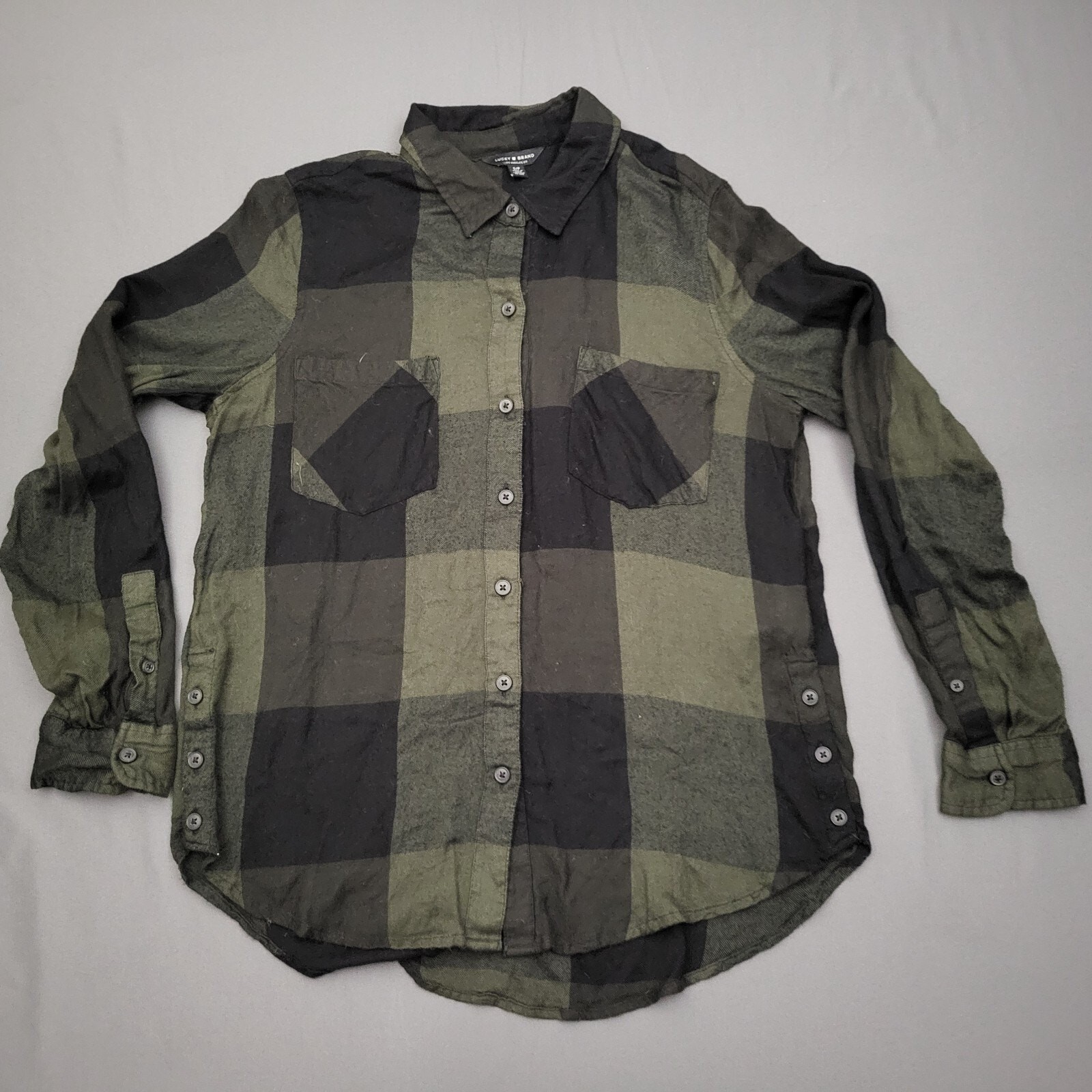 Lucky Brand Women's Green Black  Check Plaid Long Sleeve Button Up Shirt S