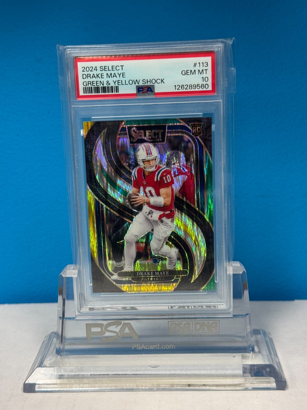 2024 Select Premier Level Drake Maye #113 Green & Yellow Shock Prizm (RC) PSA 10