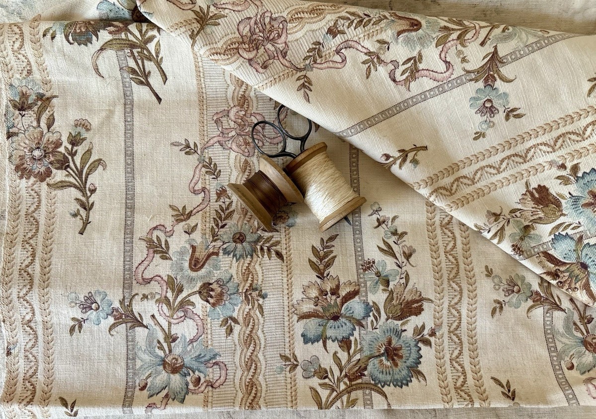 Antique French Circa 1900 Floral Cotton Fabric ~Blue Tan