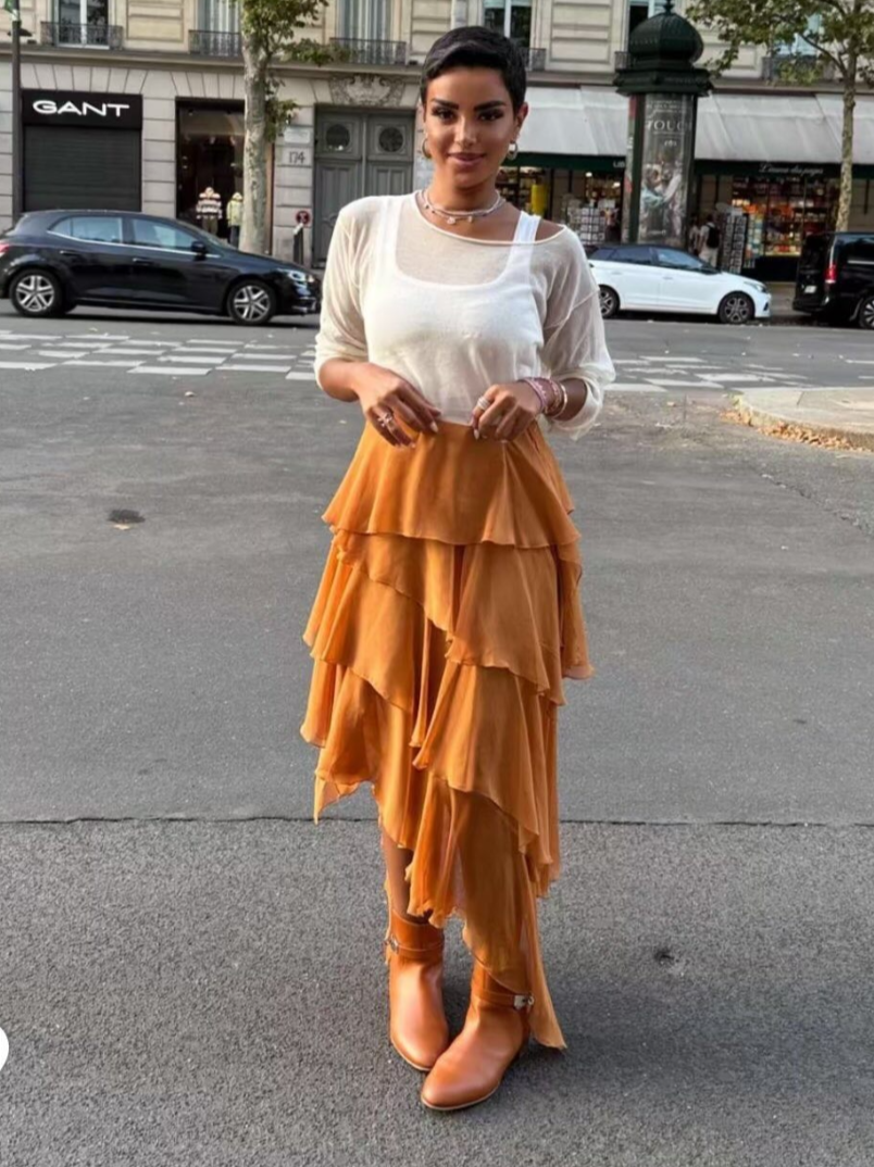 スカート Ms. ZARA Zara ZW Collection Asymmetric Ruffled Midi Skirt Orange Size M