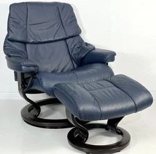 Ekornes Stressless Large RENO Oxford Blue Leather Swivel Recliner Chair Ottoman