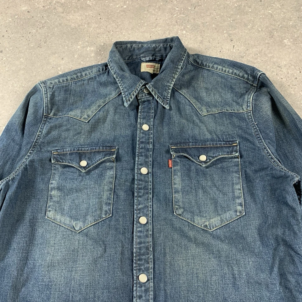 Levis Shirt Mens Medium Blue Denim Pearl Snap Western Rodeo Cowboy Barstow - Image 2 of 4