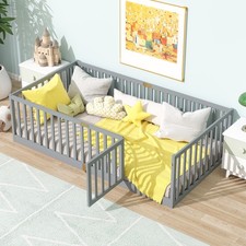 Kids Floor Bed w/ High Safety Fence  Door for Toddlers, Twin Size Gray