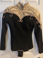Women’s Western Show Shirt Black Tan/Gold Rhinestone Yoke Zip Neck Long Sleeve