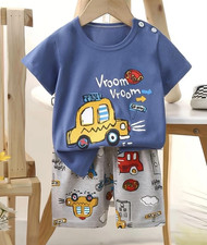 2pc Cotton Baby Outfit Set 1_2years Blue T-Shirt Car Shorts Elastic Waist