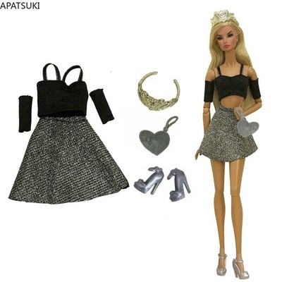 Schwarz Silber Outfits für Barbie Puppe Oberteil Rock Handtasche Krone Stiefel