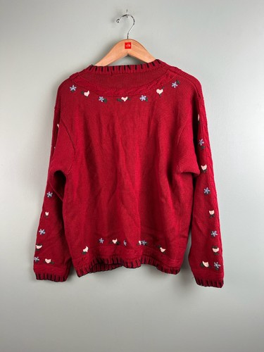VTG Eagles Eye Embroidered Heart Patchwork Sweater Cute Cottage Teacher Red MED - Picture 6 of 9