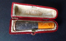 Vintage French Engraved Silver Natural Butterscotch Amber Cigarette Holder Case