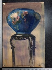 Ancienne Aquarelle Sellette Japonisme Nature Morte Jardinière Nap III 1910 signé