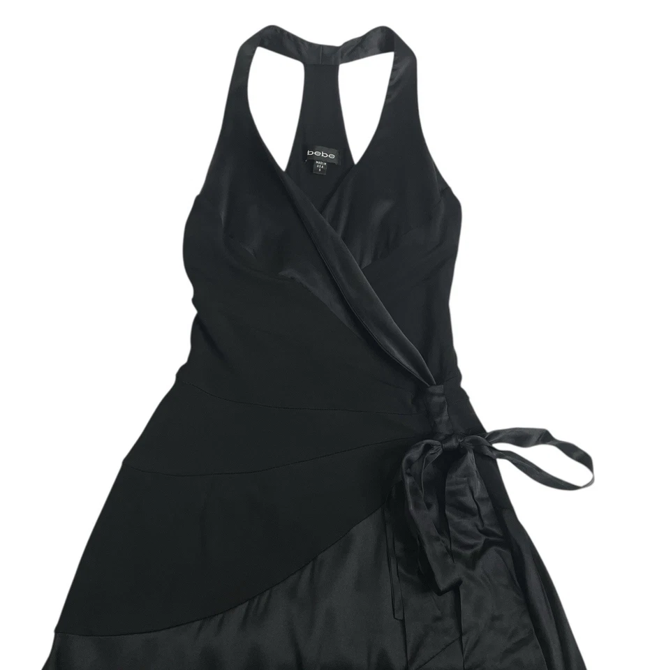 Vintage 90s Y2K BeBe Dress S Black Satin Babydoll Asymmetric Fairy Whimsigoth - Image 2 of 4