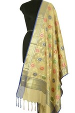Beige Banarasi Dupatta Floral Woven Zari Brocade Indian Long Stole Wrap Shawl