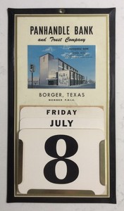 ADVERTISING PANHANDLE BANK PERPETUAL CALENDAR BORGER TEXAS CELLULOID BUILDING