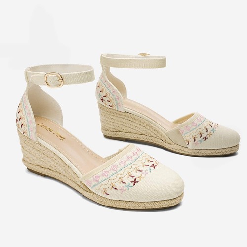Damen Espadrilles Sandalen geschlossene Zehenpartie Knöchelriemen Plateau Keilabsatz Sandalen - Bild 6 von 44