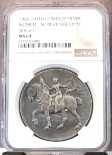 1908 GERMANY SILVER MEDAL MUNICH AGRICULTURE EXPO NGC MS 64 RARE TOP POP 1