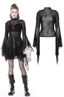 DARK IN LOVE Black Gothic Spider Mesh Exaggerated Sleeves Top Women T-shirt