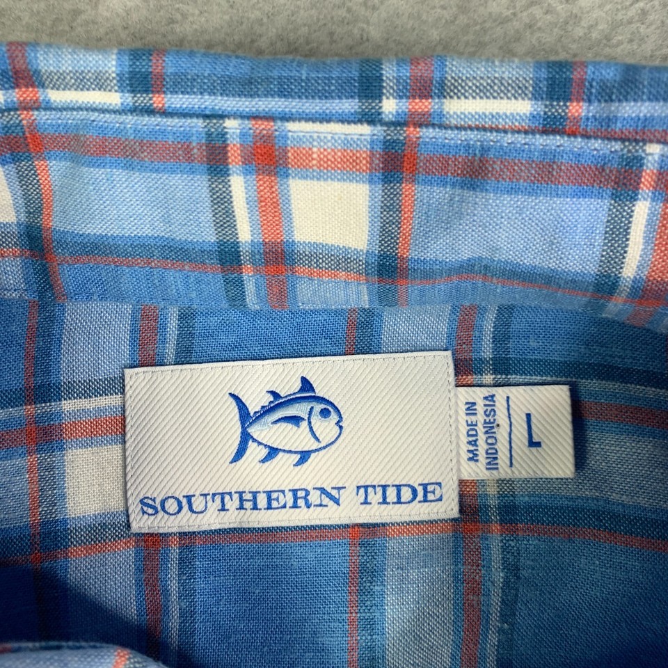 Southern Tide Shirt Large Blue Red Plaid Lightweight Button Up Long