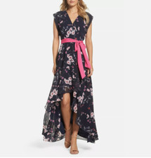 Women’s High Low Maxi Dress Navy Floral V-Neck Ruffle Boho Romantic Whimsigoth S