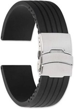 22mm Black Rubber Men's Watch Band Strap Silver Tone Deployment Clasp Buckle