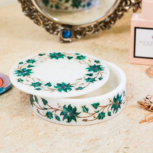 12.7cmx12.7cmx2 " Weiß Italia Marmor Malachit Inlay Blumen Kunst Schmuck Box - Picture 4 of 9