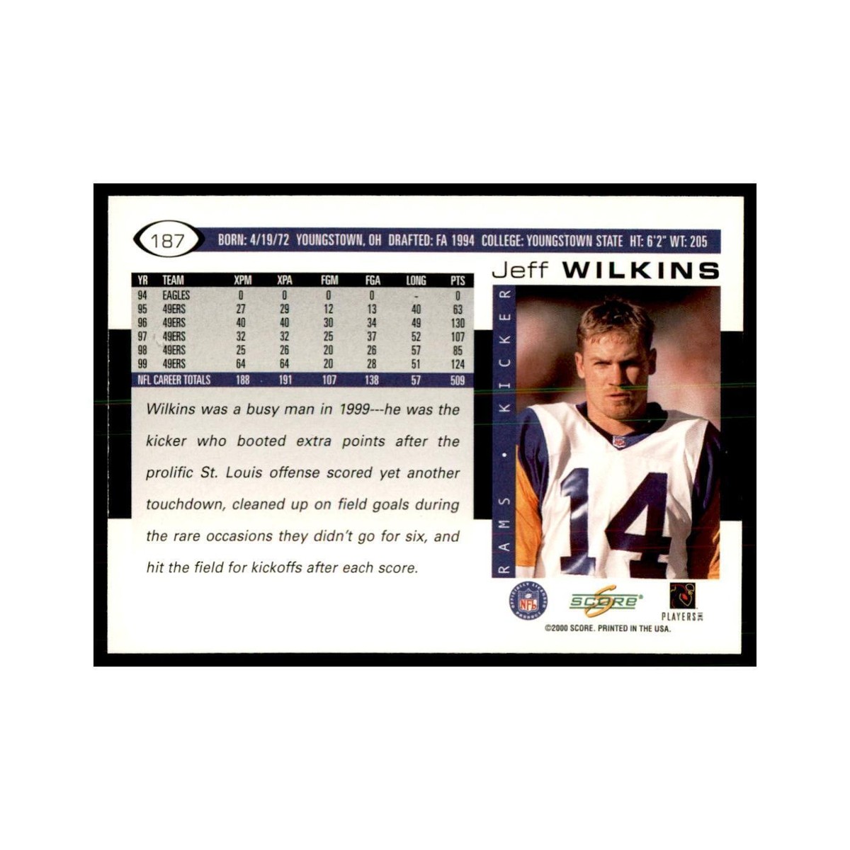 Jeff Wilkins 2000 Score #187 Football Cards Football Card NM | eBay