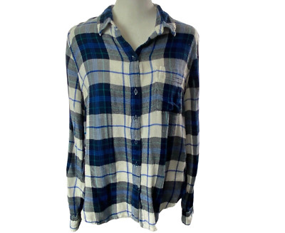 LUCKY BRAND Women Button Back Hi Lo Hem Bungalow Flannel Shirt Sz M Blue 47-11