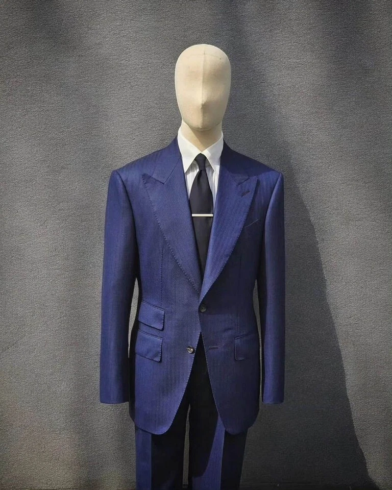 Trajes de espiga azul para hombre 2 piezas trajes de solapa ancha de ajuste regular 42r 44r 46r 48r Foto 3 de 4