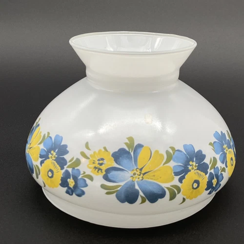 Vintage Milk Glass Hurricane Lamp Shade Hand Painted Blue Yellow Flowers Salvage