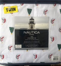 Nautica 100 Polyester 4Pc. Twin Sheet Set White Xmas Sailboats NEW FAST SHIP.