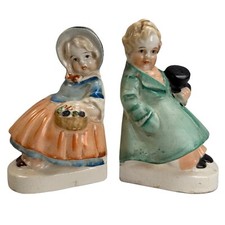 Vintage Hand Painted Ceramic Colonial Boy  Girl Bookends Mid Century Japan