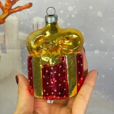 Vintage Shiny Brite Classics Gift Box Dove Glass Christmas Ornament Red Gold