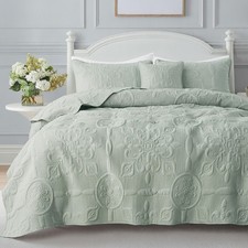 Sage Green Damask Quilt California Cal King Size Bedding Sets with 2 Pillow S...
