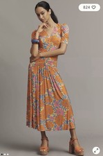 NWT $248 Farm Rio x Anthropologie Short-Sleeve V-Neck Ruched Midi Dress S
