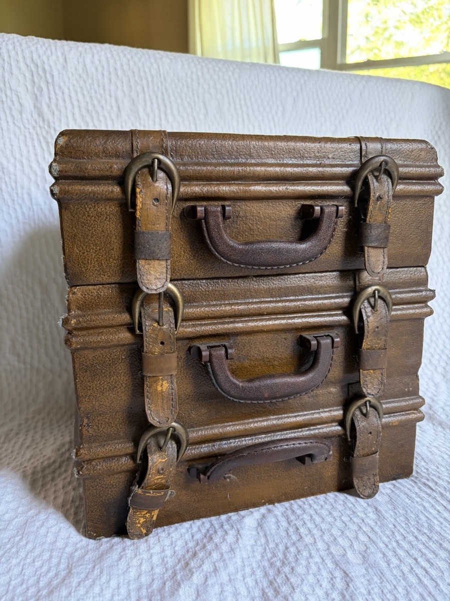 Vintage Three Hands Corp Leather Stacked Suitcase Storage Box HTF