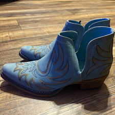 Roper Women's Blue Leather Western Ankle Pull-On Boots Embroidered US 7