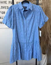 DONNA MORGAN Blue Eyelet Collared Button Front Short Sleeve Shirt Dress Size 2