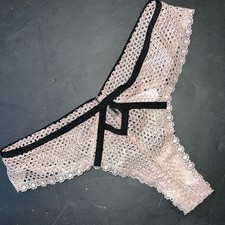 Victoria's Secret M panty Brazilian Rose Gold PINK Beige Foil Black FISHNET LACE