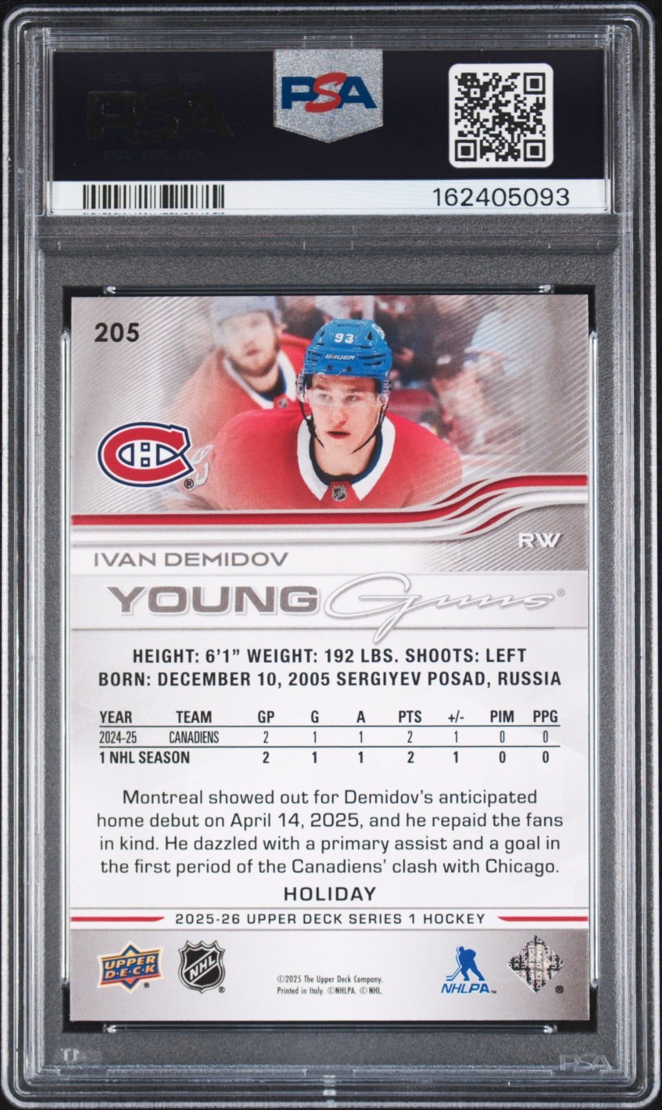 2025-26 Upper Deck Ivan Demidov RC Young Guns Holiday PSA 9 Mint Canadiens view 2