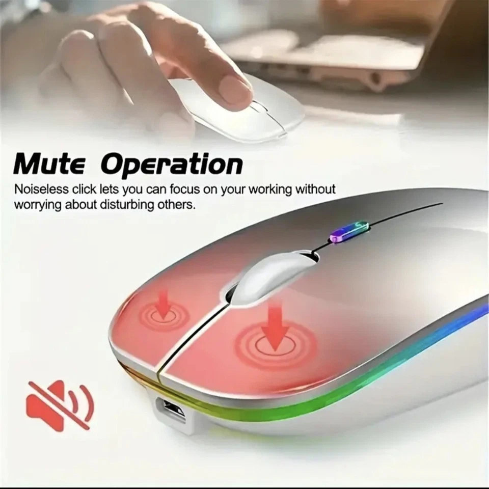 RGB LED Wireless Mouse Rechargeable Silent Mice USB PC Laptop Type C Black - Image 3 of 4