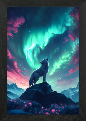 Wolf howling Under Aurora Borealis Framed Wall Art Poster Canvas Print Picture