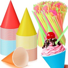 100 Pcs Snow Cone and Straws Cone Cups 4.5 oz Spoon Straws Disposable Paper Cups