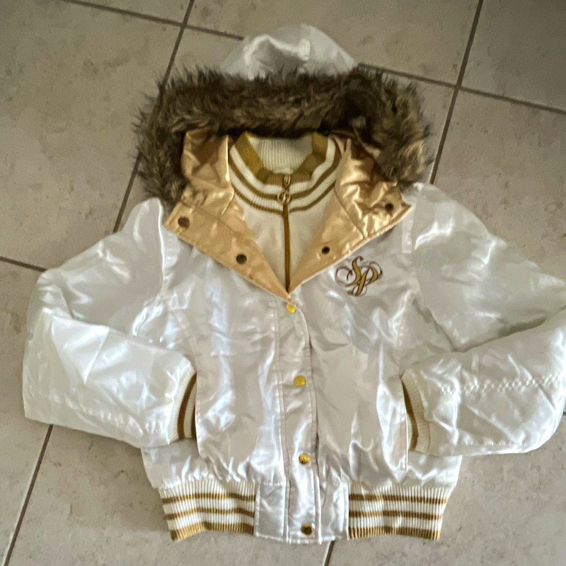 Girls White/Gold Satin Bomber Jacket Hooded Faux Fur Trim Lined Full Zip L