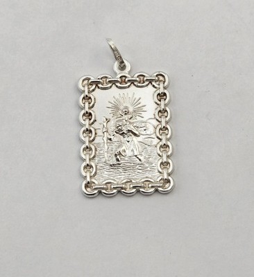 VTG St Christopher Protect Us Sterling Silver Scalloped Square Charm Pendant 6.3