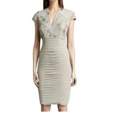 Tadashi Shoji Pleated Layered Chiffon Sequin Cap Sleeve Dress Size 4 Beige