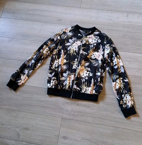 Dorothy Perkins Black Floral Bomber Jacket Zip Front Black Ribbing Casual UK12 - Picture 18 of 20